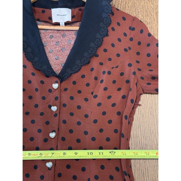 Reformation Galene Mini Dress Women’s Sz 6 Fig Jam Dot Scalloped Collar Tie Back - Picture 12 of 15